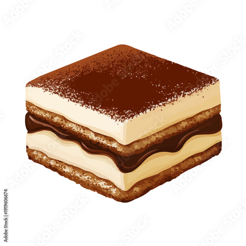 Tiramisu, 2D flat vector illustration in icon style, isolated on a white background