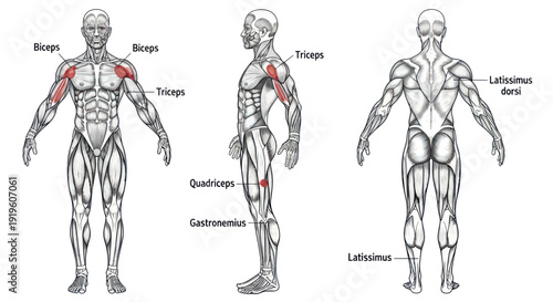 Human Anatomy Muscle Diagram: Biceps, Triceps, Quadriceps, Gastronimius, Latissimus Dorsi