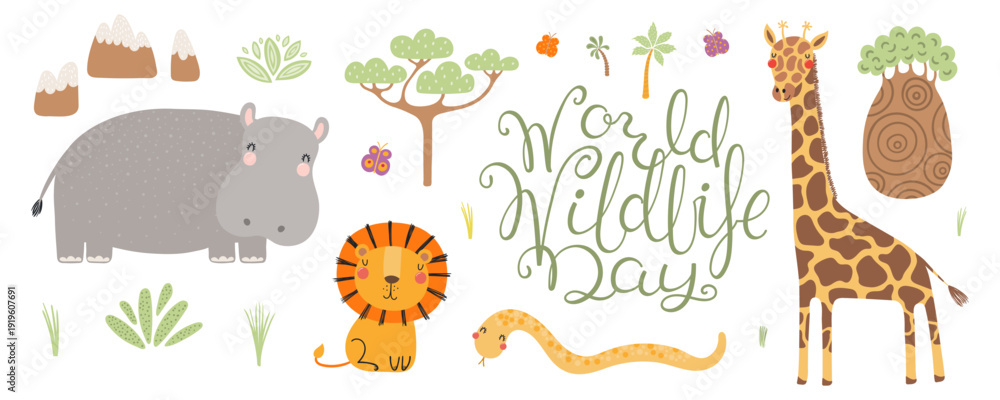 Naklejka premium World Wildlife Day banner with cute tropical animals, lettering. Wild fauna, flora celebration, awareness. Kawaii cartoon characters. Hand drawn flat vector illustration, design element, graphics.