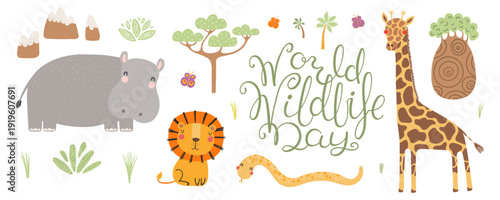 World Wildlife Day banner with cute tropical animals, lettering. Wild fauna, flora celebration, awareness. Kawaii cartoon characters. Hand drawn flat vector illustration, design element, graphics.