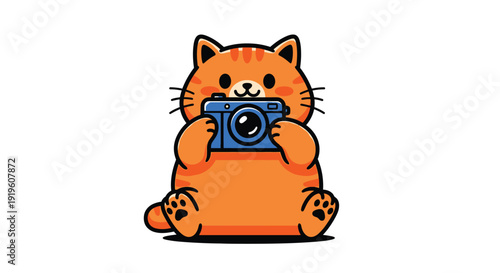 A cartoon orange cat holding a blue camera in front of its face on a white background with a playful mood.