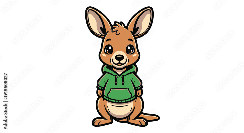 Fototapeta premium A cartoon kangaroo wearing a green hoodie sits upright on a plain white background with a cheerful expression.