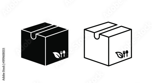 Black and white illustrations of two recyclable boxes with eco-friendly symbols on a plain white background.