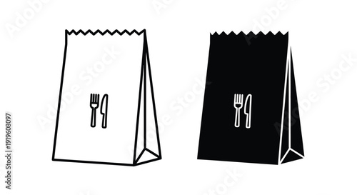 Black and white illustration of two paper food bags with a fork and knife on a plain white background.