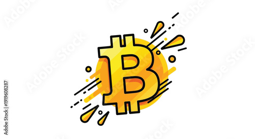 A stylized, cartoon bitcoin logo with vibrant yellow and orange hues on a clean white background.