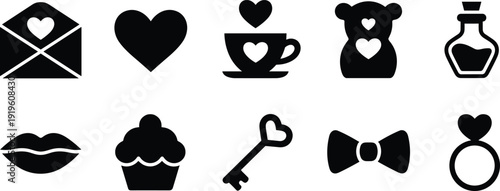 "Set of ten black silhouette icons featuring hearts in envelope, cup, teddy bear, potion, lips, cupcake, key, bow tie, and engagement ring designs for romance themes"