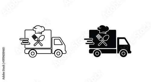 Black and white line art illustrations of two food delivery trucks with chef hats and utensils on a plain white background.
