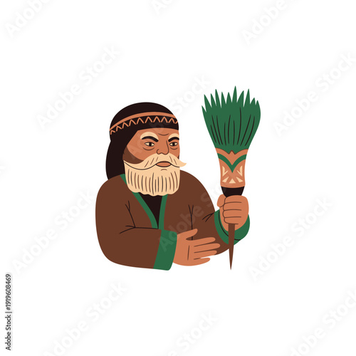 An elderly man holds a broom in his hand with a concerned expression on his face indoors.