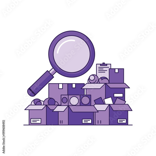 The scene depicts a magnifying glass examining boxes and documents closely.