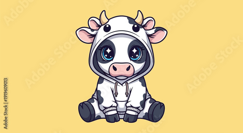 Cartoon cow character in a black and white costume sitting on a yellow background with a cute expression.