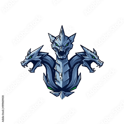 Fierce three-headed hydra dragon creature illustration, with metallic blue-grey scales and glowing green eyes, isolated white background.