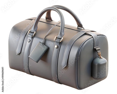 A gray leather duffel bag with a handle and a tag