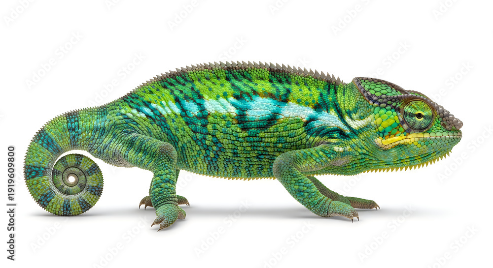 Fototapeta premium A vibrant chameleon showcasing its vivid and intricate natural camouflage patterns.