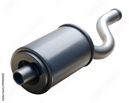 A metal exhaust muffler with a curved tailpipe