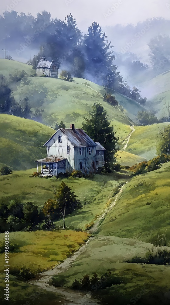 Obraz premium Rustic rural dwellings nestle amidst rolling, mist-covered green hills under a pale sky
