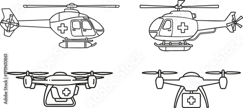 Modern medical rescue helicopter and drone icons for first aid delivery