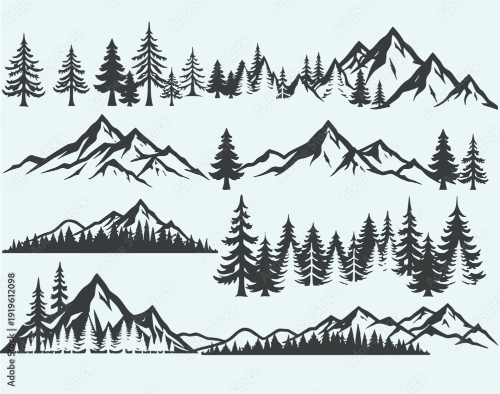 Fototapeta premium Black silhouettes of various mountain ranges and pine tree forests