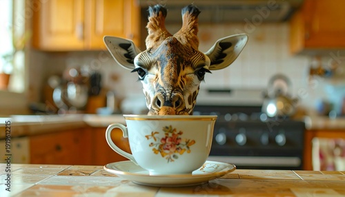 Wallpaper Mural Giraffes Tea Time - A Whimsical Kitchen Encounter with a Cup. Torontodigital.ca