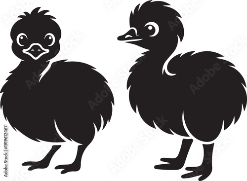 Cute Fluffy Baby Ostrich Silhouette Vector Illustration