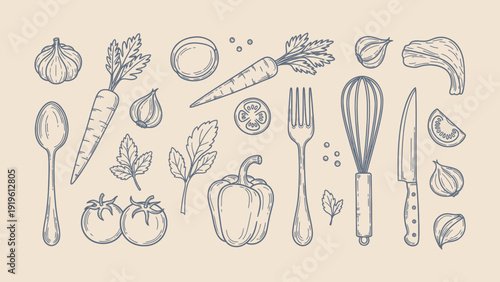 Hand-drawn collection of fresh vegetables and kitchen utensils for cooking.