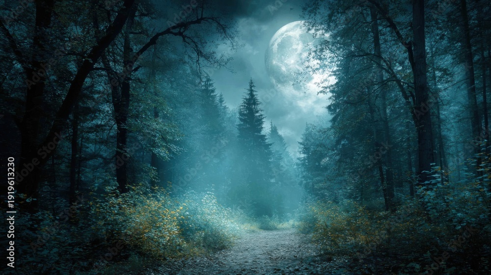 Fototapeta premium A tranquil forest path is bathed in moonlight, with tall trees looming in the background. Mist envelops the ground, creating a mystical atmosphere at night.