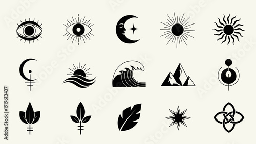 Mystical and spiritual symbols set with celestial and natural elements.