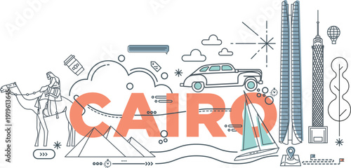 Typography word Cairo branding technology concept. Collection of flat vector web icons. Egypt culture travel set, Memphis architectures, specialties detailed silhouette. Doodle famous landmarks.