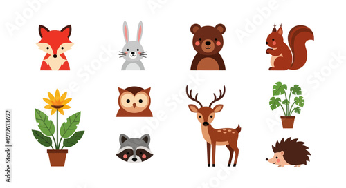 Cartoon forest animals and plants illustration