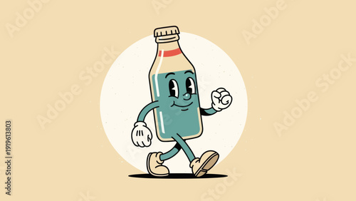 Retro Cartoon Bottle Character Walking with a Smile.