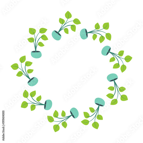 Vector round frame of potted houseplants. Minimal flat illustration on white background, perfect for botanical design, home decor, spring themes, posters, invitations, branding and templates.