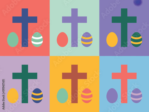 Six vibrant pop art style panels feature Christian crosses paired with decorated Easter eggs against colorful.