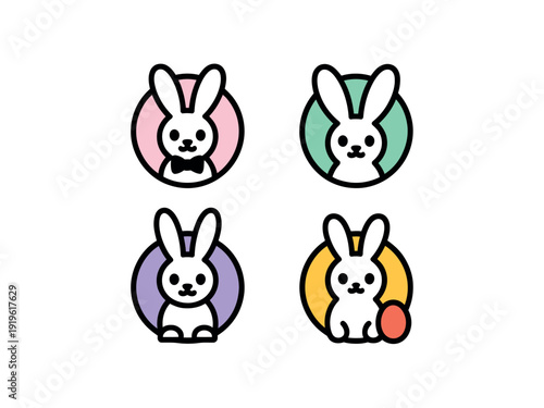 Four colorful cartoon rabbit icons are displayed in circular frames for holiday design elements.