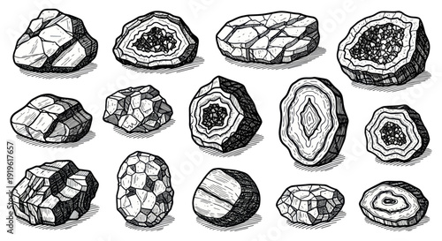 Collection of Hand-Drawn Geodes and Mineral Rocks in Various Shapes and Sizes.