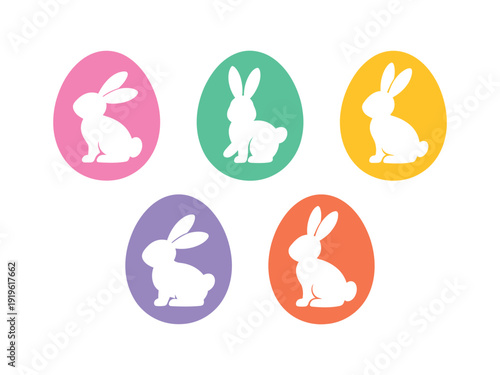 Set of five distinct, brightly colored oval shapes featuring white silhouette cutouts of rabbits hopping on solid.