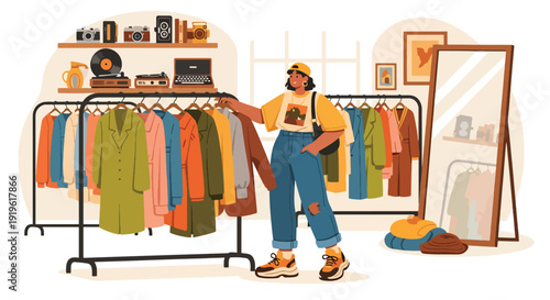 Young Gen Z woman thrift shopping in vintage clothing store browsing fashion rack. Sustainable fashion lifestyle, retro trend and conscious consumer vector illustration