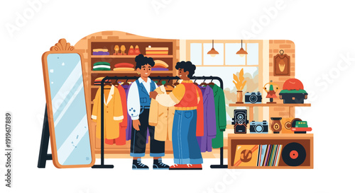 Young Gen Z woman thrift shopping in vintage clothing store browsing fashion rack. Sustainable fashion lifestyle, retro trend and conscious consumer vector illustration