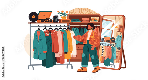 Young Gen Z woman thrift shopping in vintage clothing store browsing fashion rack. Sustainable fashion lifestyle, retro trend and conscious consumer vector illustration
