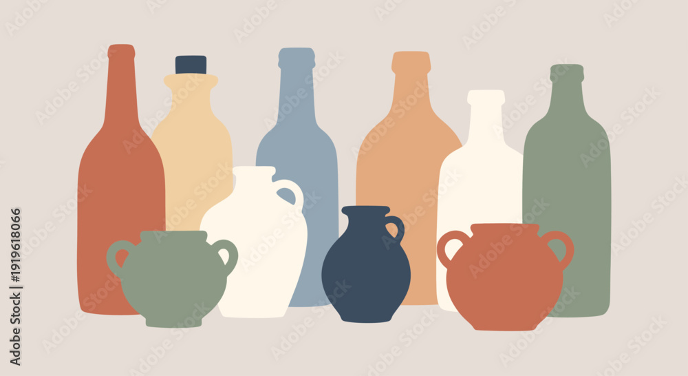 Εκτύπωση καμβά Collection of various bottles and ceramic pots in earthy tones.