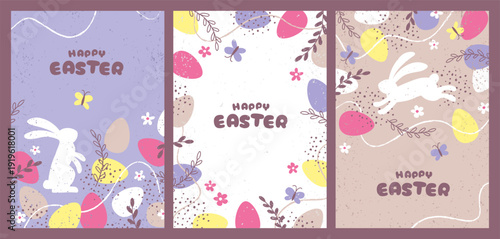 Three Easter posters with eggs and cute bunny silhouettes. Spring holiday vertical banners, greeting cards, backgrounds set.
