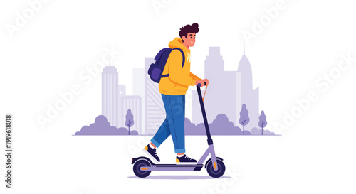 Young Gen Z riding electric scooter in modern city wearing casual outfit. Sustainable transport, eco lifestyle and urban mobility trend vector illustration