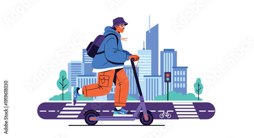 Young Gen Z riding electric scooter in modern city wearing casual outfit. Sustainable transport, eco lifestyle and urban mobility trend vector illustration