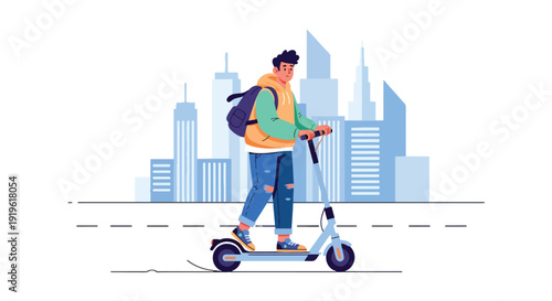 Young Gen Z riding electric scooter in modern city wearing casual outfit. Sustainable transport, eco lifestyle and urban mobility trend vector illustration