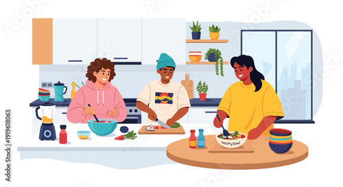 Gen Z friends cooking healthy meal together in modern apartment kitchen. Social lifestyle, healthy eating and youth home activity vector illustration