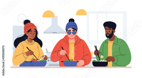 Gen Z friends cooking healthy meal together in modern apartment kitchen. Social lifestyle, healthy eating and youth home activity vector illustration