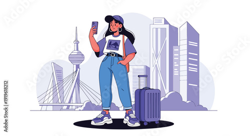 Gen Z traveler taking photos in modern city with suitcase and smartphone. Travel lifestyle, tourism adventure and youth exploration vector illustration