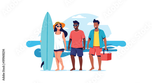 Gen Z friends enjoying beach day with surfboard and sunglasses. Summer holiday lifestyle, ocean fun and youth travel culture vector illustration