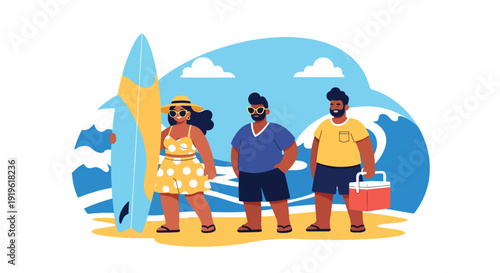 Gen Z friends enjoying beach day with surfboard and sunglasses. Summer holiday lifestyle, ocean fun and youth travel culture vector illustration