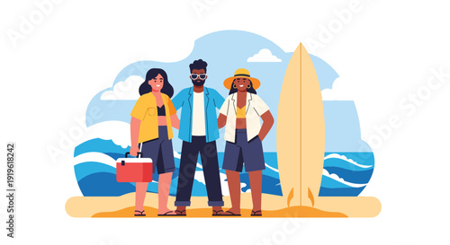 Gen Z friends enjoying beach day with surfboard and sunglasses. Summer holiday lifestyle, ocean fun and youth travel culture vector illustration