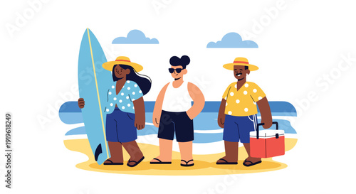 Gen Z friends enjoying beach day with surfboard and sunglasses. Summer holiday lifestyle, ocean fun and youth travel culture vector illustration