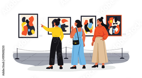 Gen Z friends visiting modern art gallery and taking photos of paintings. Creative culture lifestyle and contemporary youth interest vector illustration